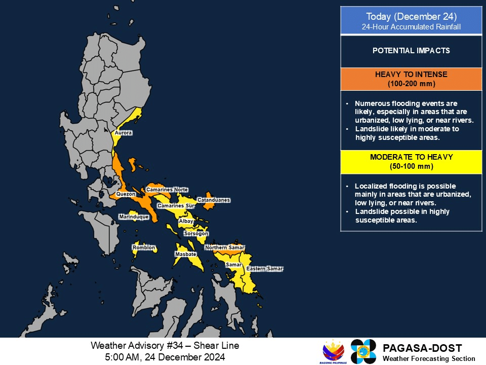 Heavy rainfall outlook due to a shear line issued by Pagasa at 5 a.m. on Dec. 24, 2024 (Graph from Pagasa on Facebook)