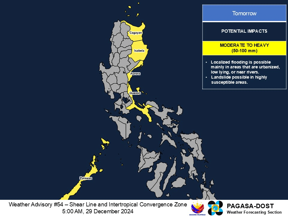 Heavy rainfall outlook on Monday, December 30, 2024 (Photo by Pagasa / Facebook)