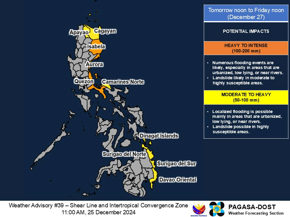 Heavy rainfall outlook due to shear line and ITCZ for Thursday noon, December 26, and Friday noon, December 27. (Photo by Pagasa/Facebook)