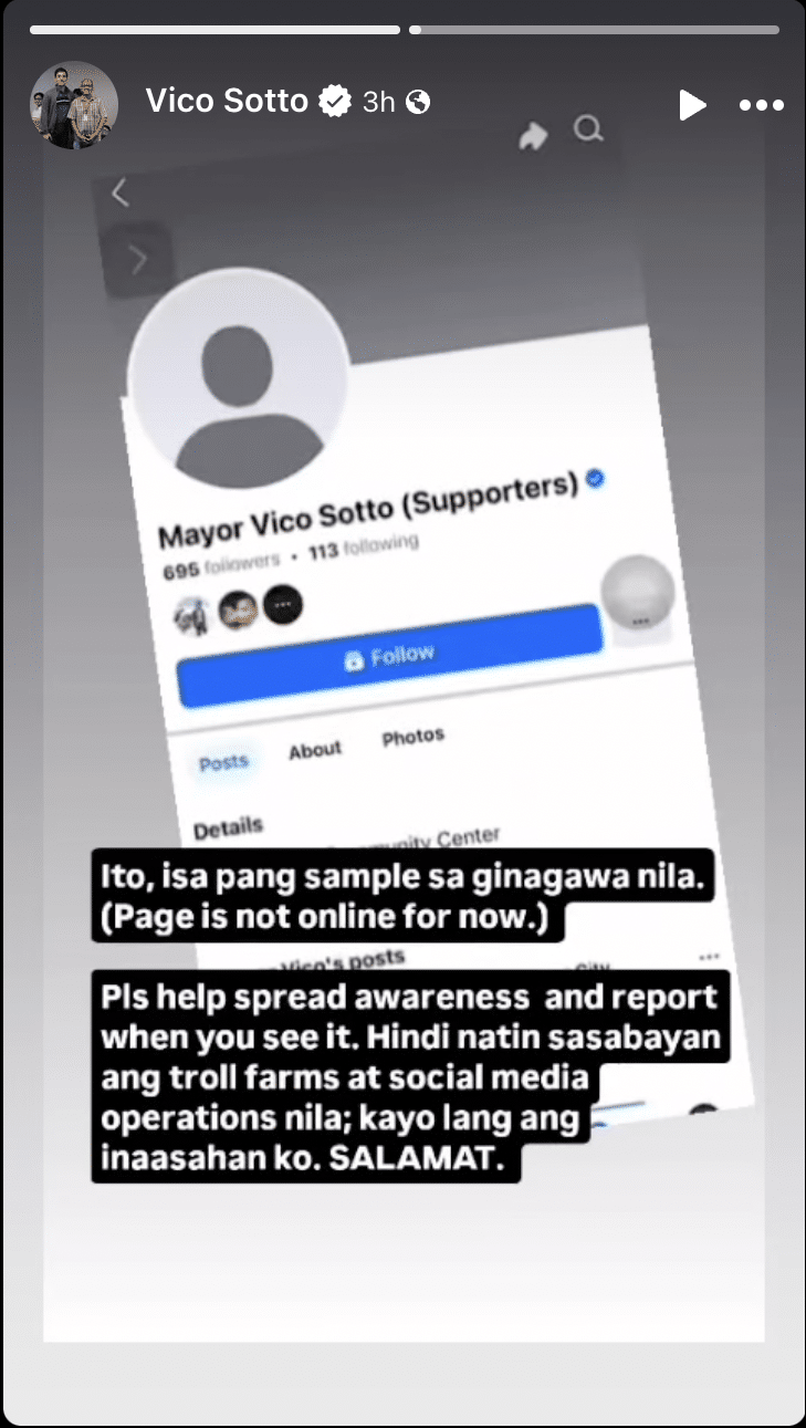 PHOTO: fake social media page exposed by Vico Sotto FOR STORY: Vico Sotto warns of fake net pages of supposed Pasig officials