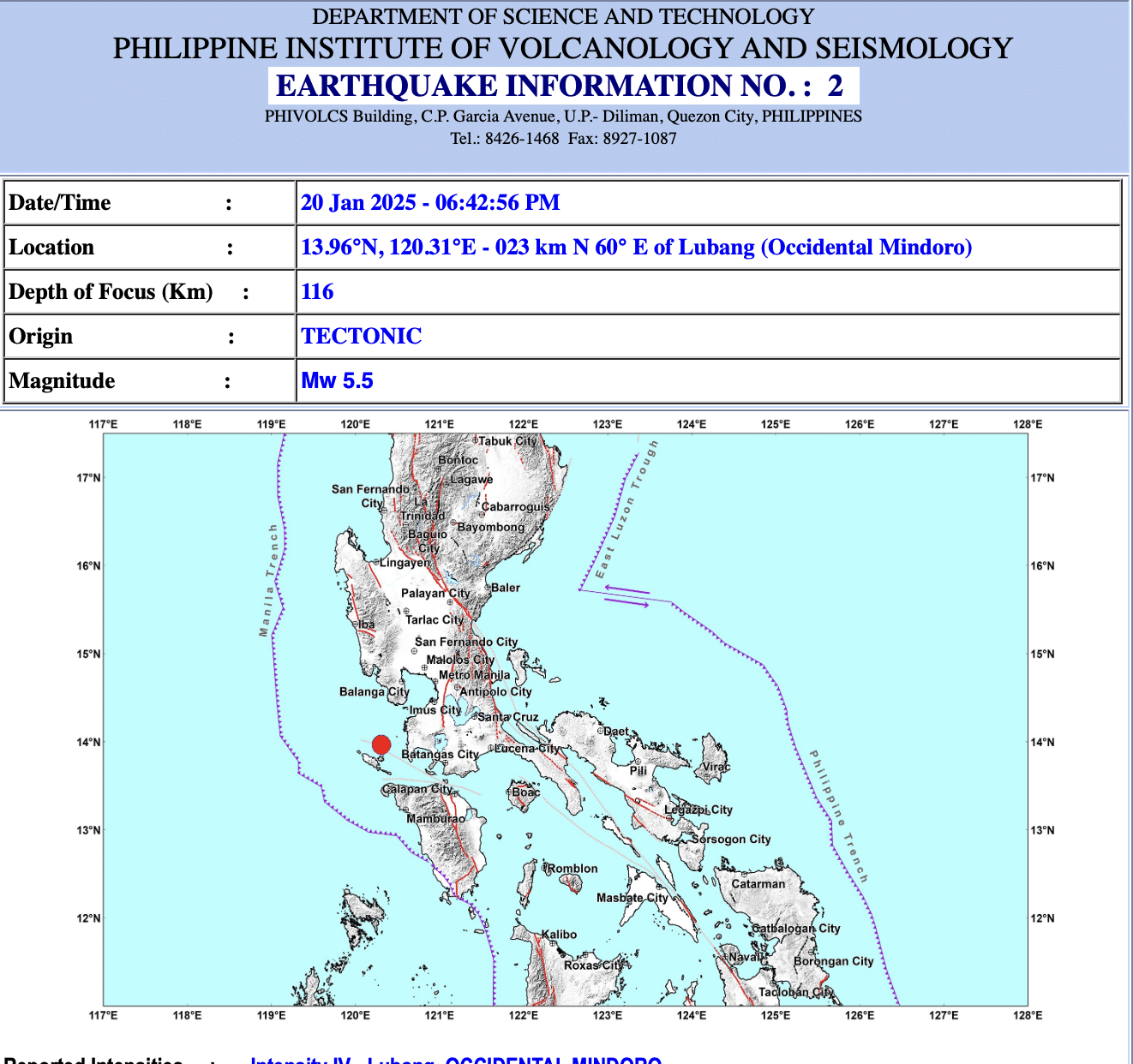 Magnitude 5.5 ang tumama sa tubig sa Occidental Mindoro