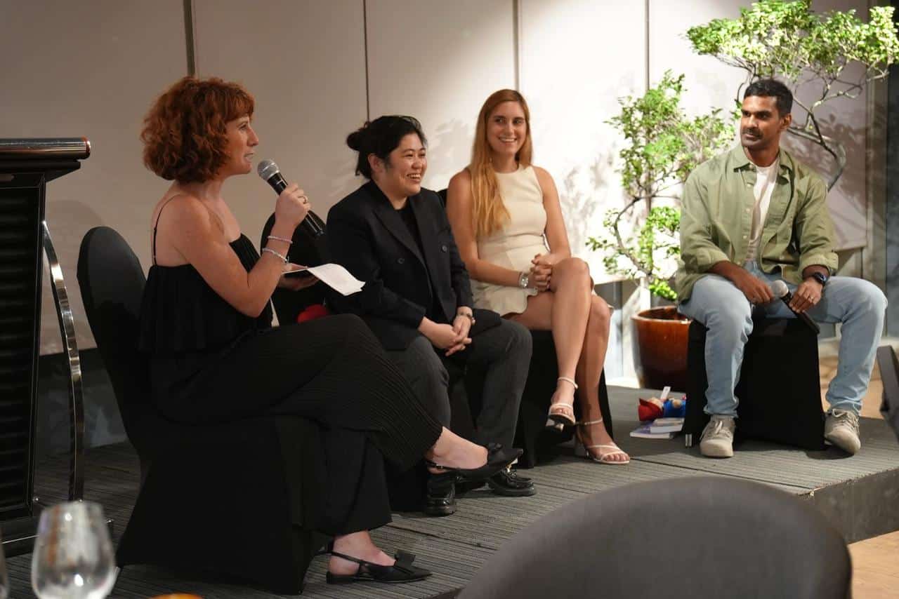 Panelists discuss groundbreaking approaches to social impact during the “Innovating for the Betterment of Society” panel. From left: LJ Silverman (Head of LSE Generate, as moderator), Anna Mae Lamentillo (Founder of NightOwlGPT), Maria Gaitanidou (Co-founder and CEO of Hati Health), and Yohan Iddawela (Data Scientist at the Asian Development Bank).