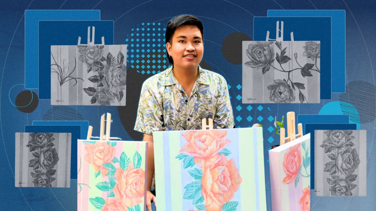 Artist Gelo Zarsuelo honors his late mother with a collection of paintings inspired by nostalgic Filipino floral blankets. Photos courtesy of Gelo Zarsuelo.