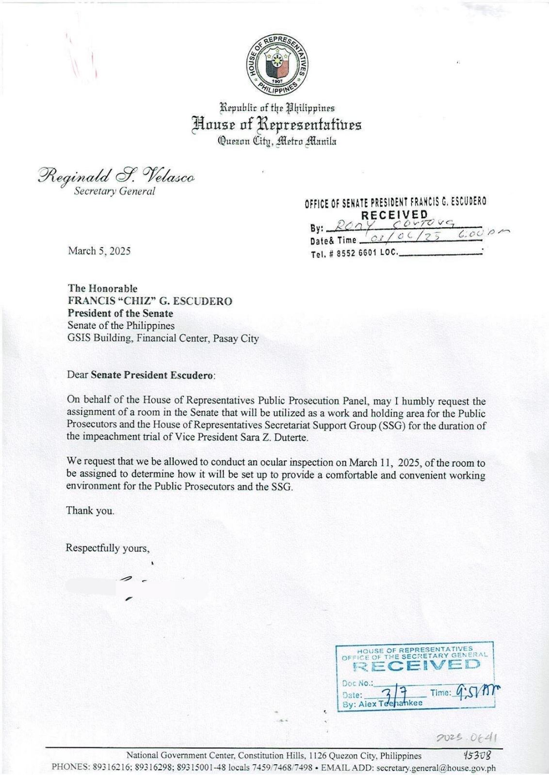 Pormal na hiniling ng House of Representative ang Senado na magtalaga ng isang nagtatrabaho na puwang para sa pampublikong panel ng pag -uusig sa gusali ng Upper Chamber bilang paghahanda sa impeachment trial ni Bise Presidente Sara Duterte.