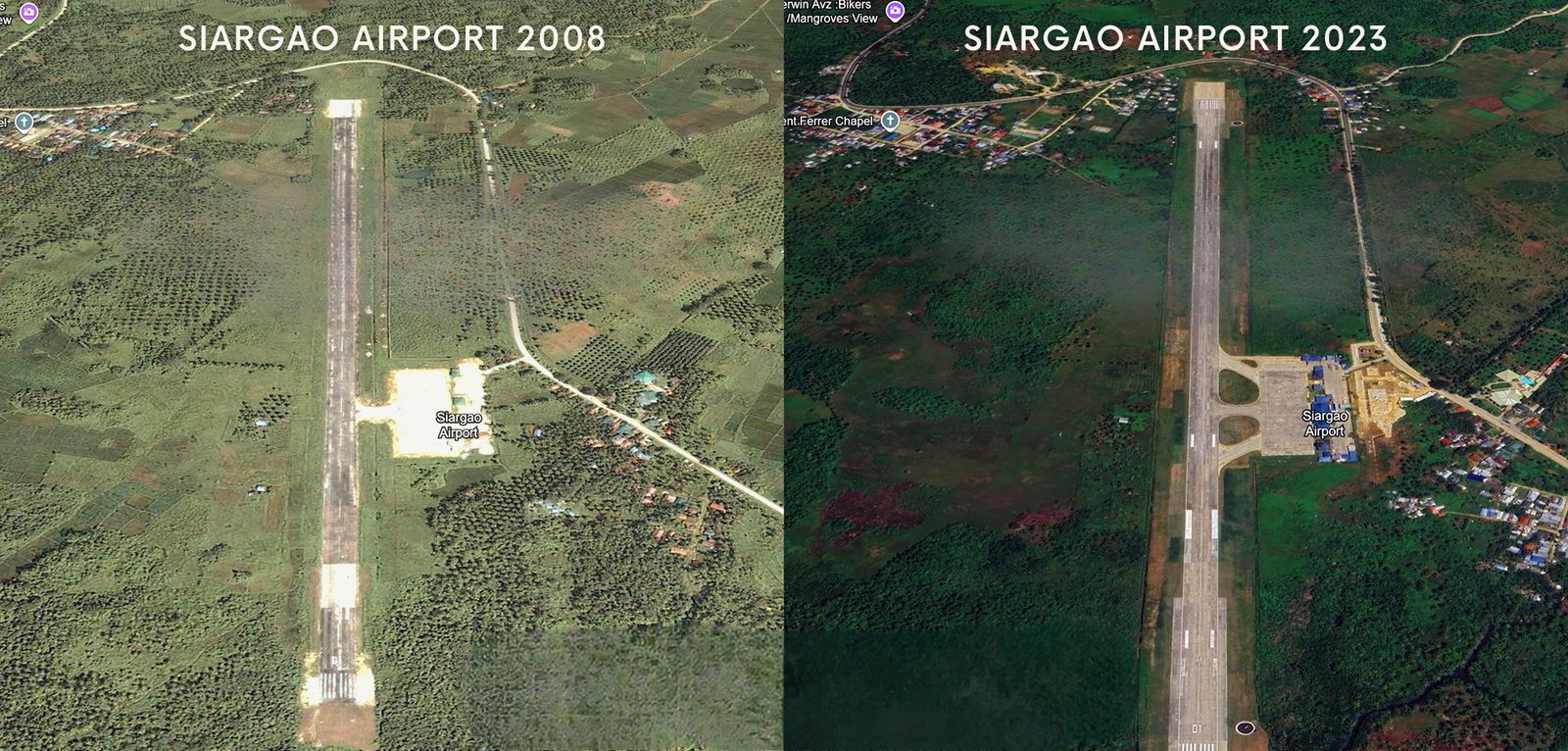 Satellite images of the Sayak Airport in 2008, when Cong. Lalo Matugas was working on its expansion and securingthe island’s first regular flight, and the Sayak Airport in 2023, with its expanded runway and upgraded facilities.