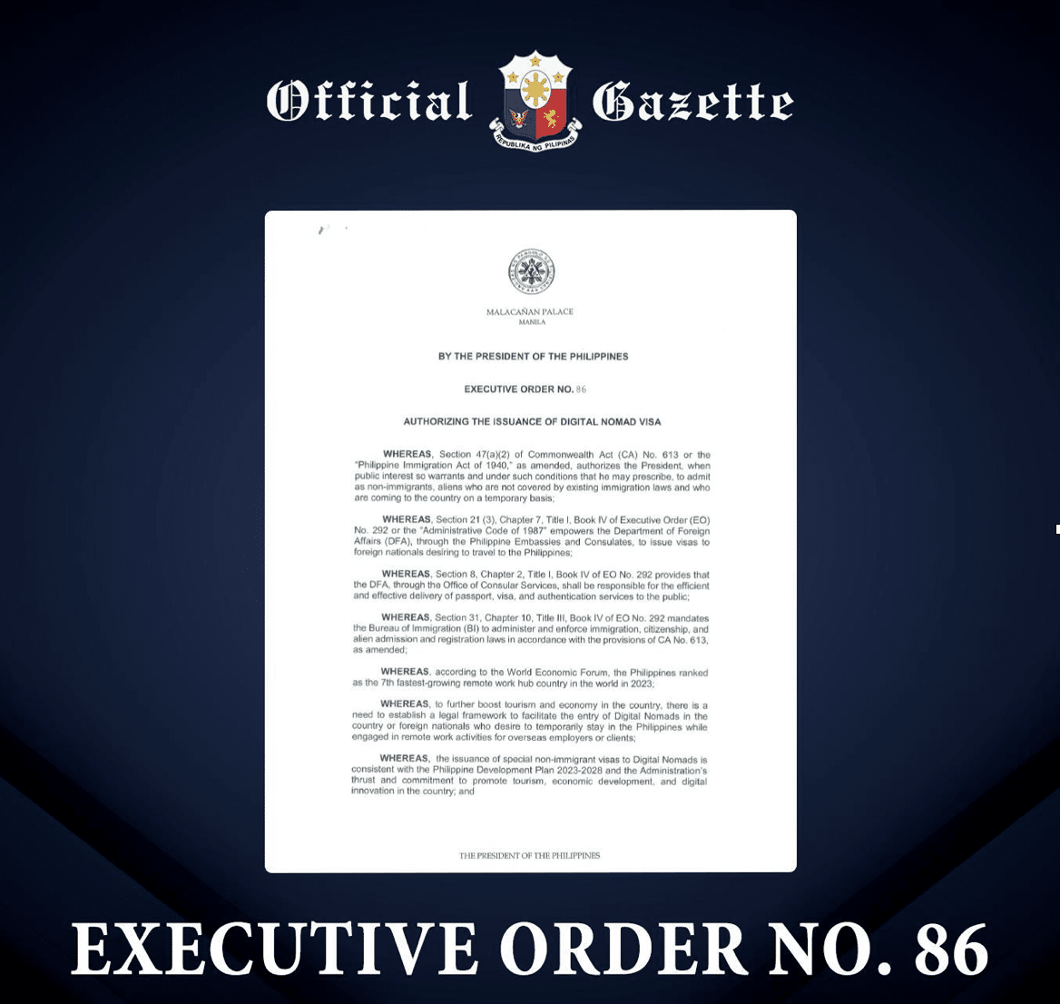 Executive Order No. 86 (page 1) issued by President Bongbong Marcos Jr. last April 25, 2025.