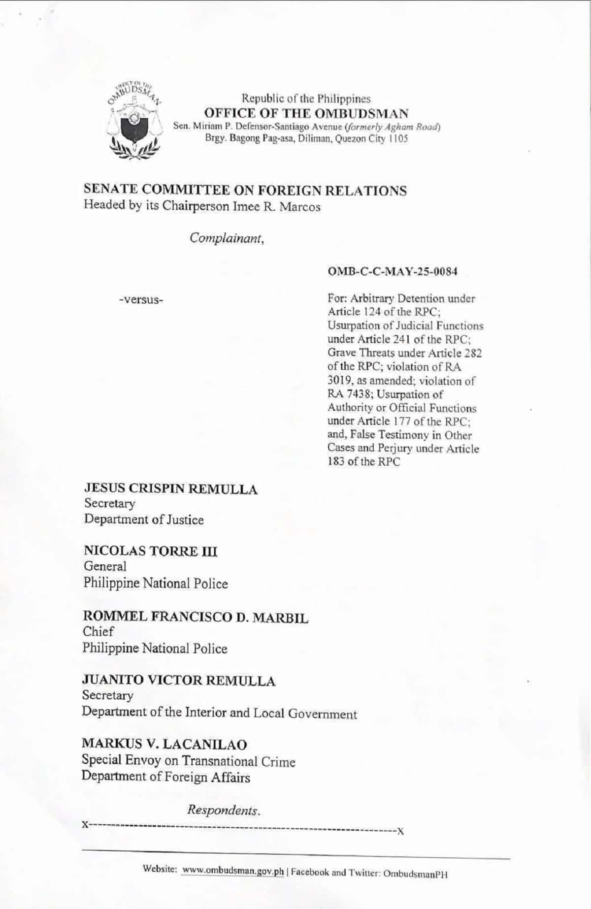 Ombudsman order to 5 gov't officials linked to Duterte's arrest