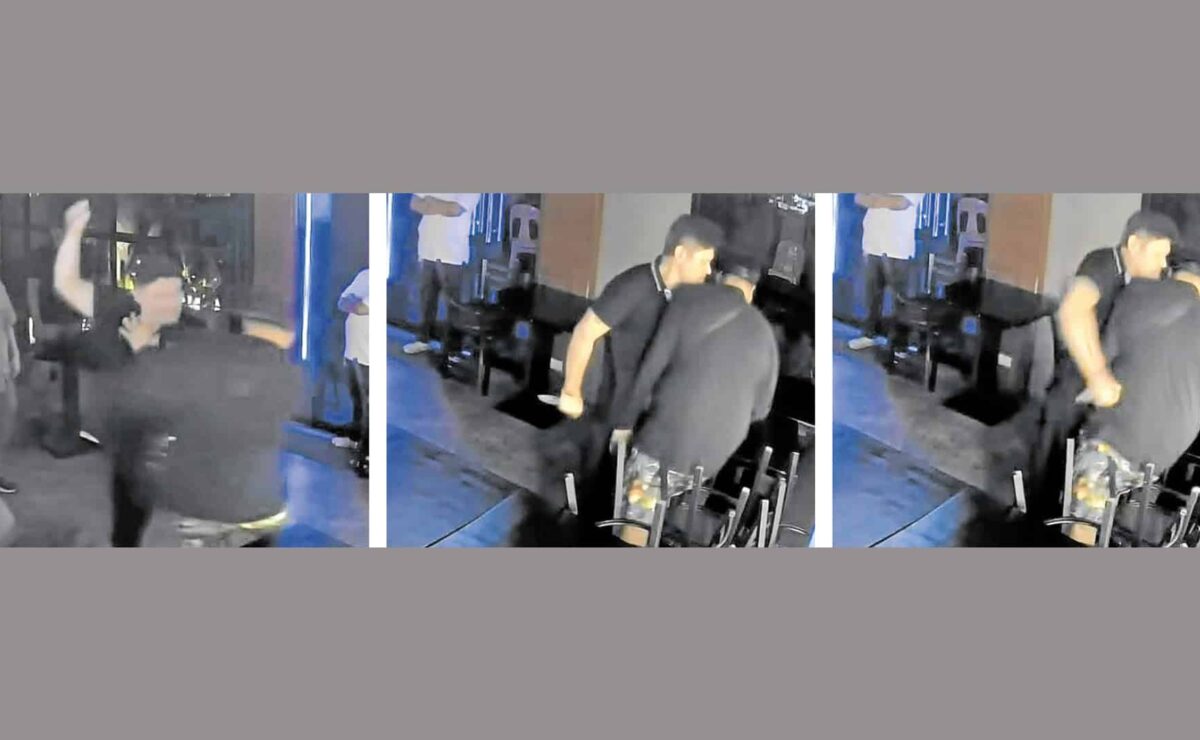 Images grabbed from a video show a man, purportedly Davao City Rep. Paolo “Pulong” Duterte and seemingly wielding a knife, assaulting another, already submissive man at Barrio Obrero bar in the lawmaker’s home city. The video also showed several people witnessing the incident but doing nothing to stop the aggressor.