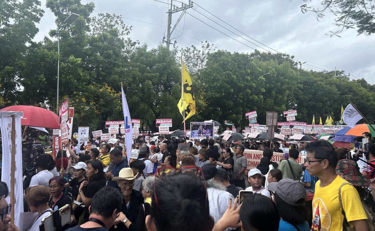 Protesters stage a rally in front of the Senate building in Pasay City on Wednesday, June 11, 2025, calling out the senator-judges for remanding the articles of impeachment against Vice President Sara Duterte to the House of Representatives. — Photo by Zacarian Sarao