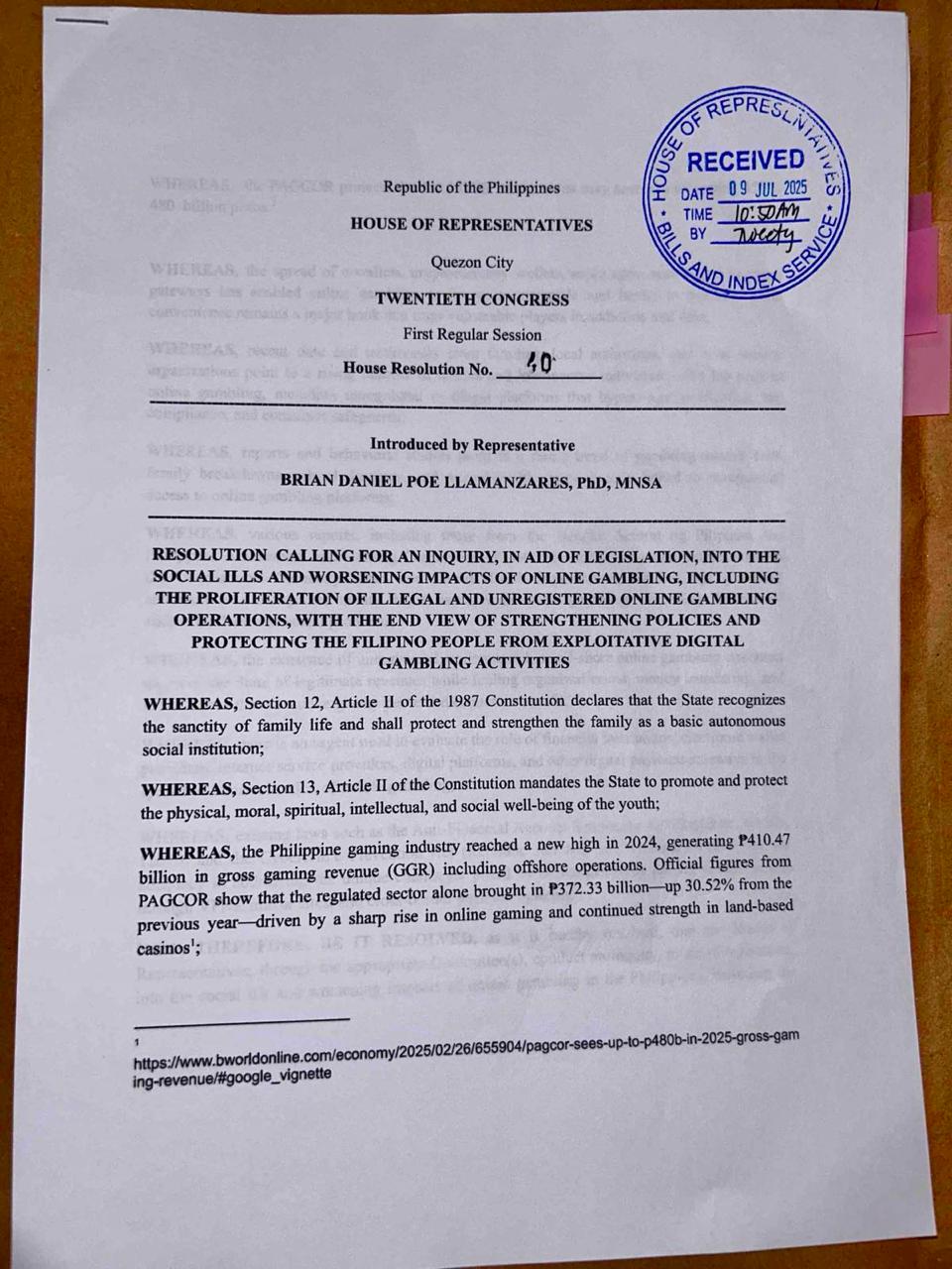 Rep. Brian Poe has filed a resolution to investigate the growing social concerns associated with online gambling and its impact on the Filipino public.