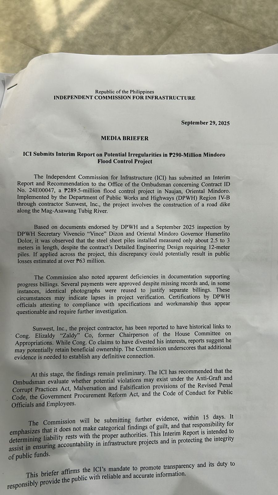 potential ties of its contractor to former House appropriations chair Rep. Elizaldy “Zaldy” Co.