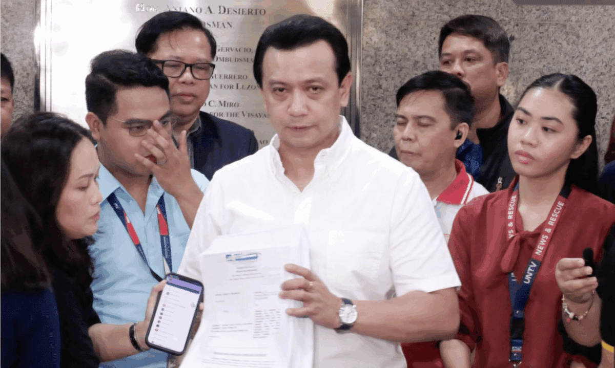 Former Senator Antonio Trillanes IV files plunder and several other criminal complaints against former President Rodrigo Duterte and Senator Bong Go at the office of the Ombudsman on Tuesday, October 21, 2025. –NOY MORCOSO / INQUIRER.net