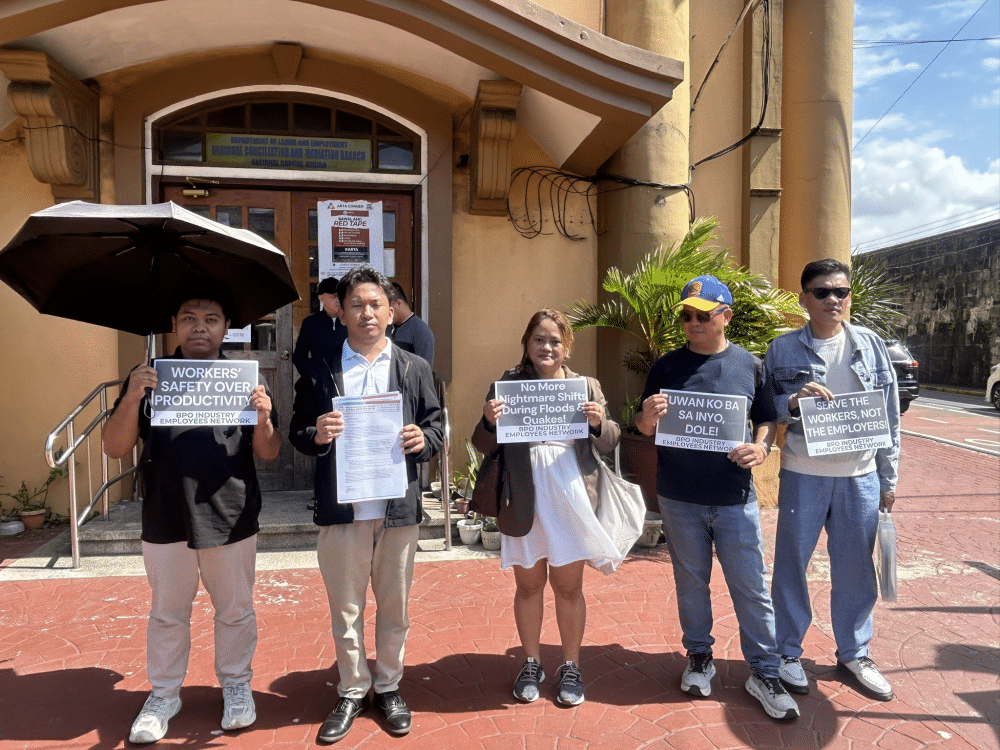 SAFETYFIRST Members of BIEN Philippines press the Department of Labor andEmployment (Dole) to investigate 98 business process outsourcing companies and sites for possible violation of the lawon occupational safety. Theymade a formal request at the Dole central office inManila on Tuesday. —DIANNE SAMPANG