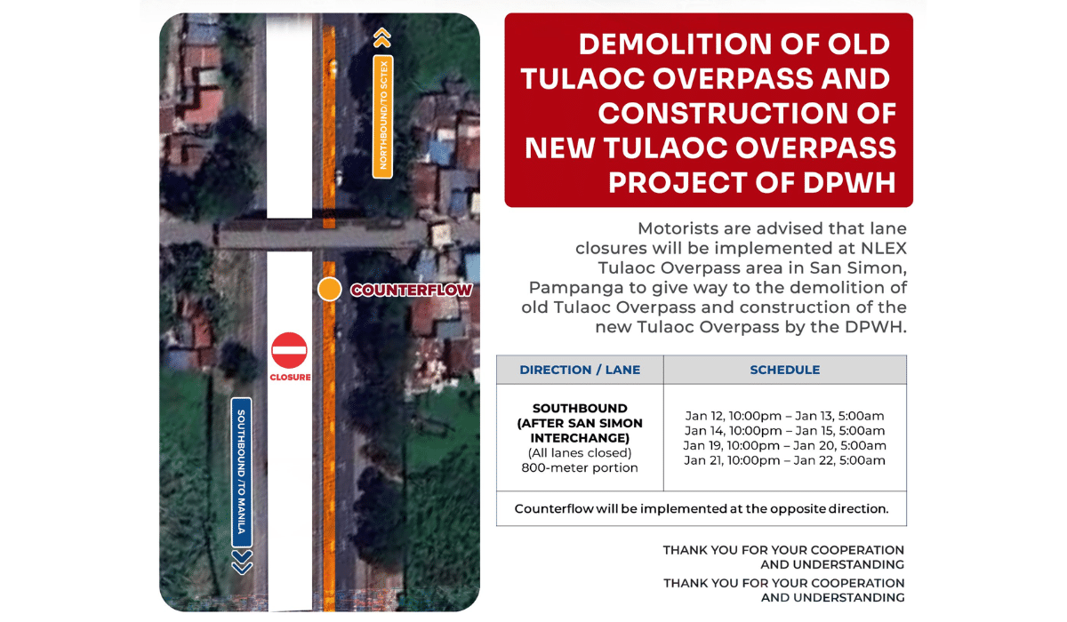 Lane closures to be enforced at NLEx Tulaoc Overpass in Pampanga