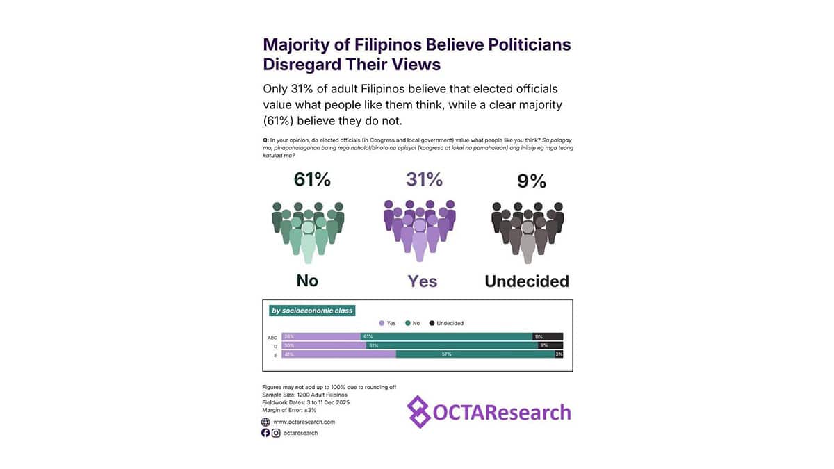 Survey:  Majority of Filipinos say elected officials ignore their views
