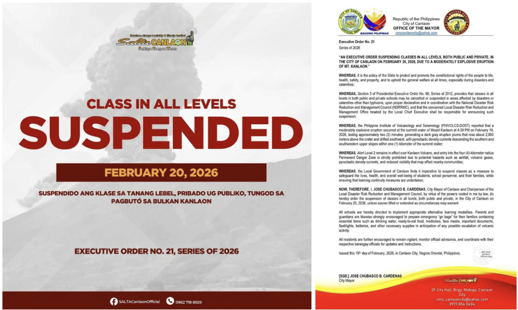 Kanlaon Volcano eruption prompts class suspensions in Negros