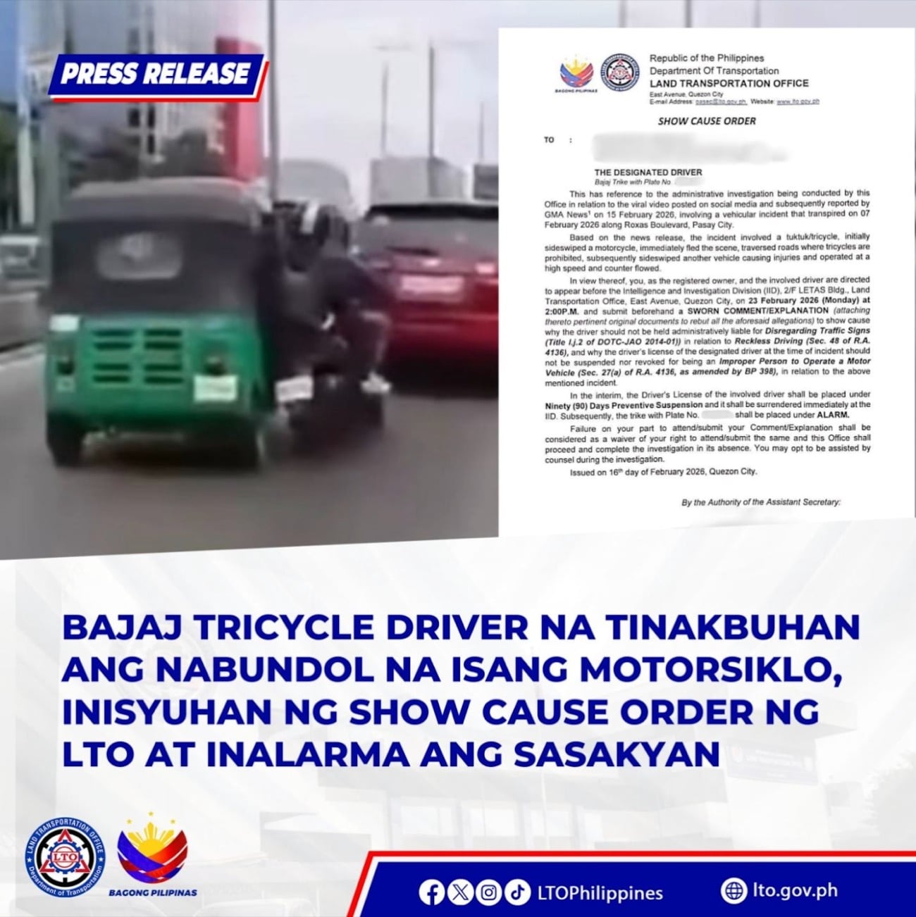 LTO summons Bajaj tricycle driver, owner over reckless driving