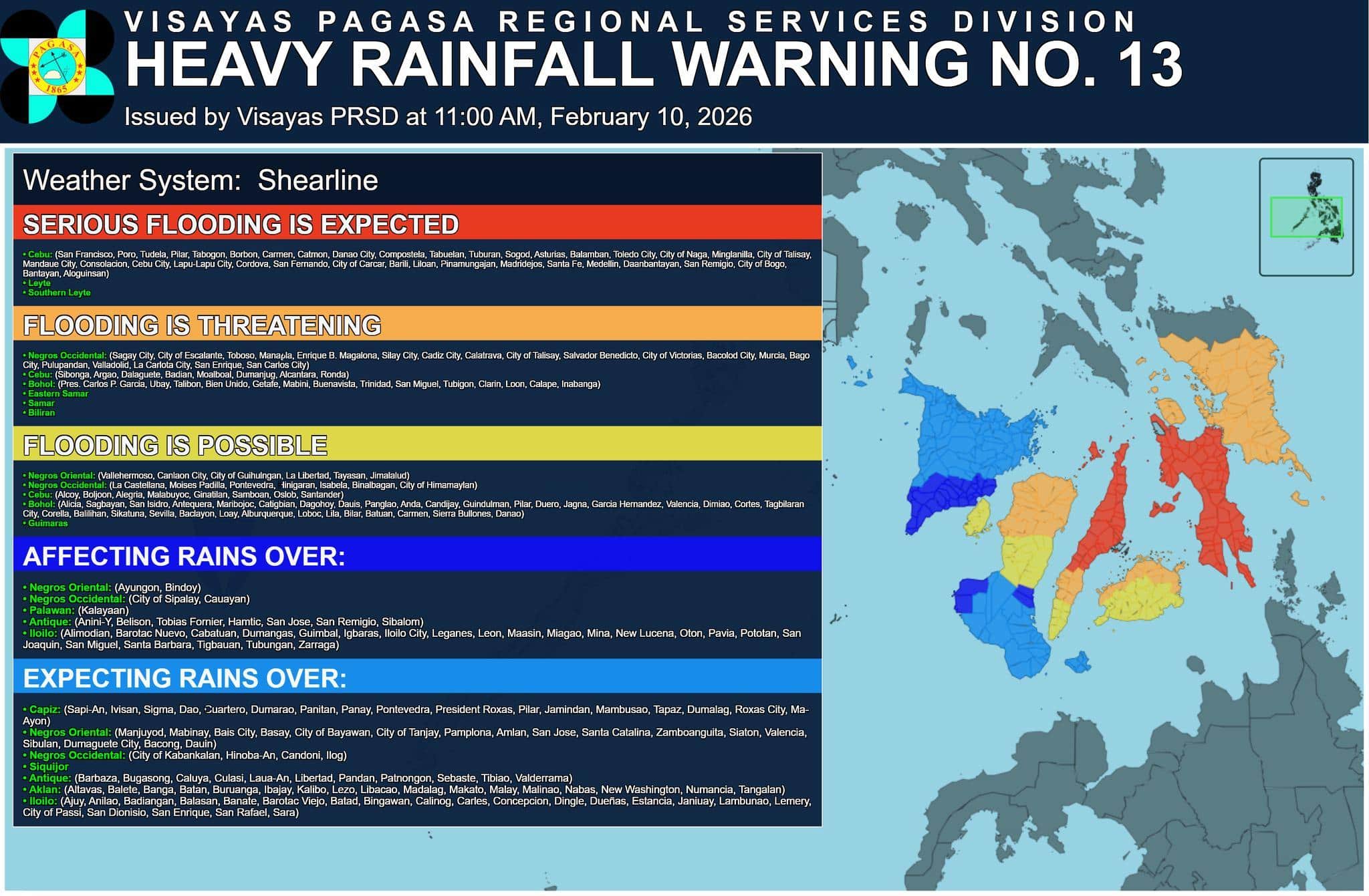 Heavy rainfall warning up in many parts of Visayas due to shear line