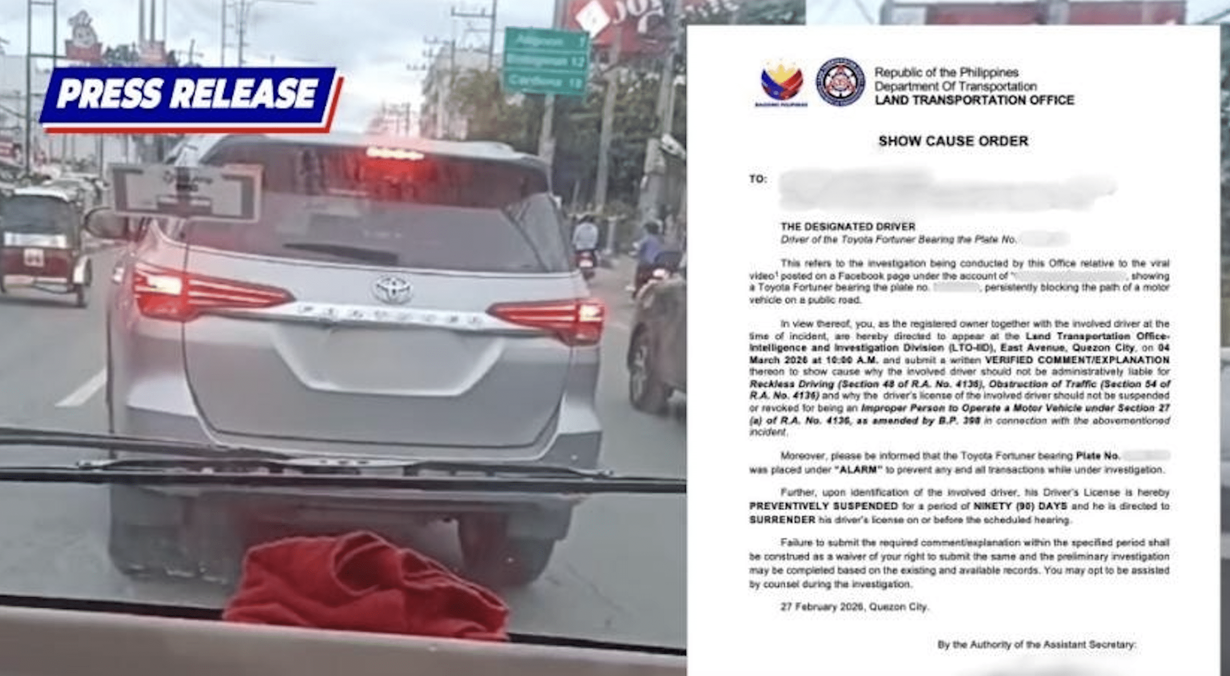 LTO summons SUV driver, owner over viral road incident