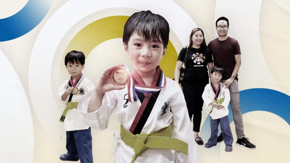 Four-year-old &lsquo;Master Buboy&rsquo; displays his gold medal after ruling the yellow belt division at the SMART/MVPSF CALABARZON Taekwondo Championships in Cavite City.