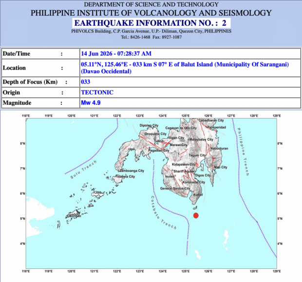 Magnitude 4.9 aftershock recorded in Sarangani