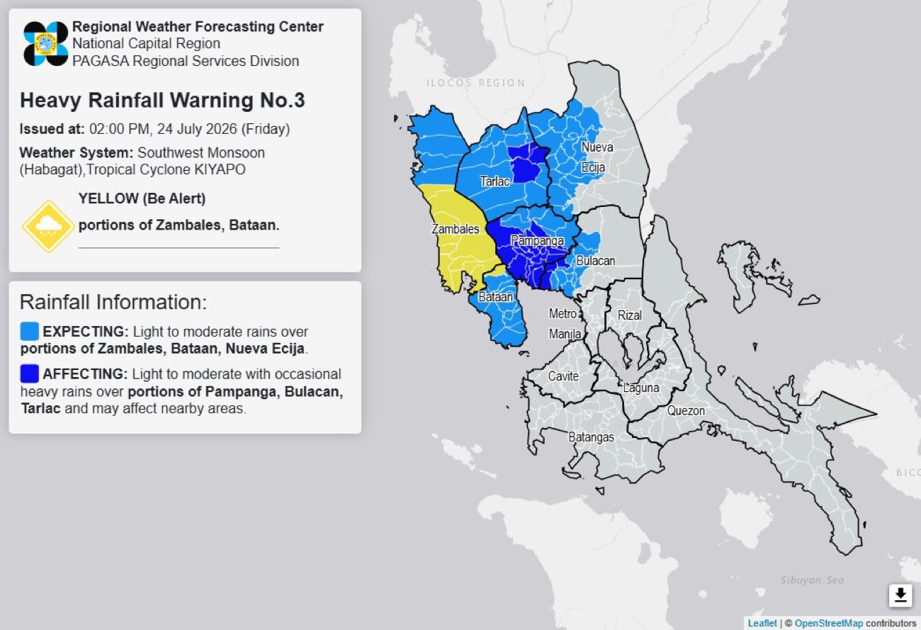 Yellow rainfall warning up on parts of Zambales, Bataan Friday afternoon