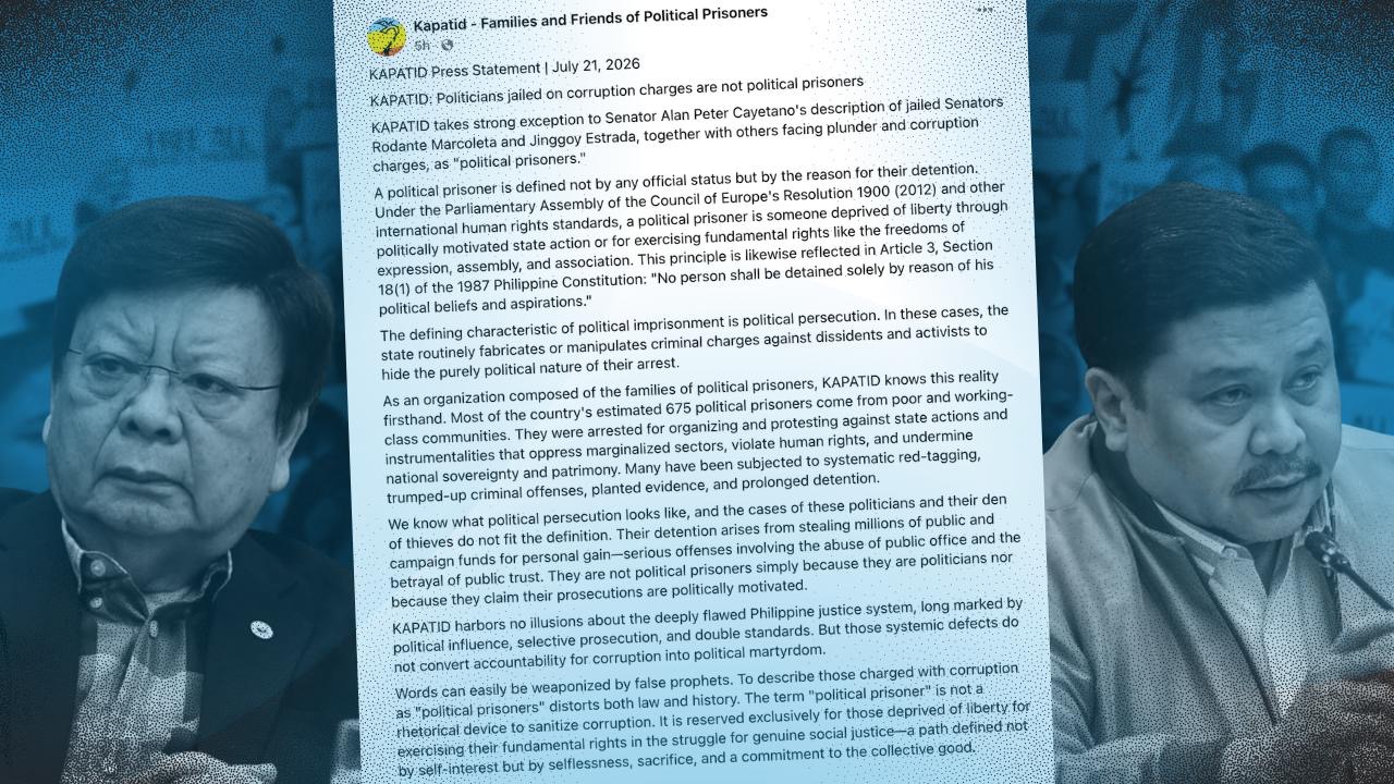 Kapatid to Cayetano: ‘Political prisoner’ label cannot sanitize corruption