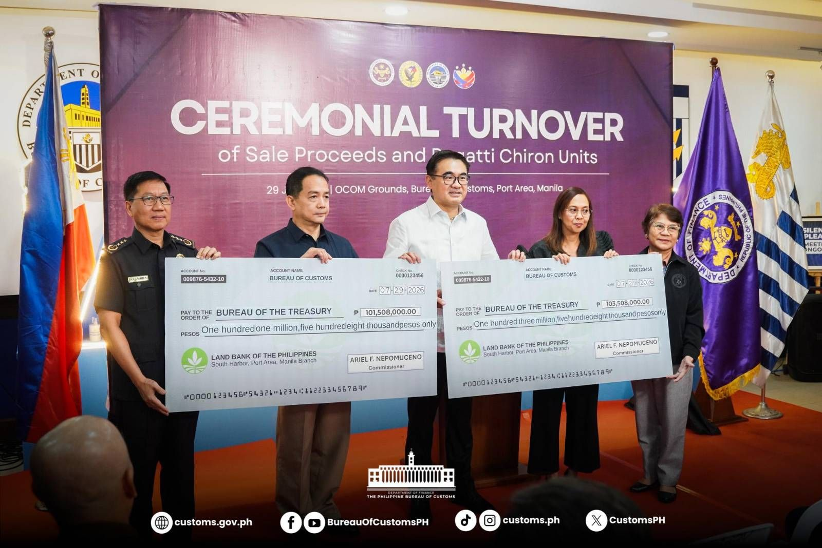 BOC, DOF deliver to Treasury P205M proceeds from 2 luxury cars' sale