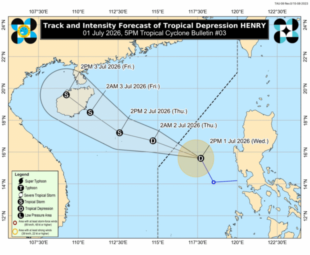 TD Henry forecast to exit PAR on Wednesday evening or early Thursday