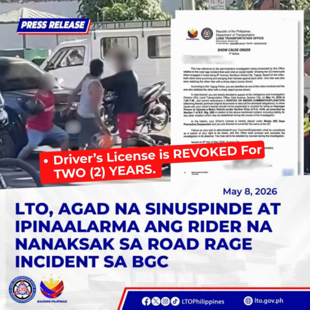 Driver's license of rider involved in viral road rage in BGC revoked