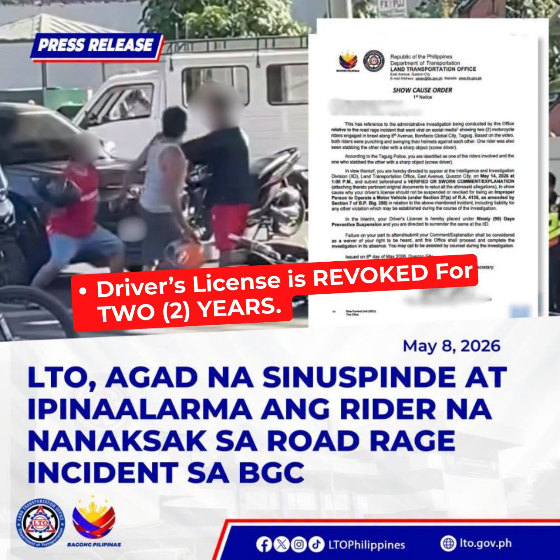 Driver's license of rider involved in viral road rage in BGC revoked