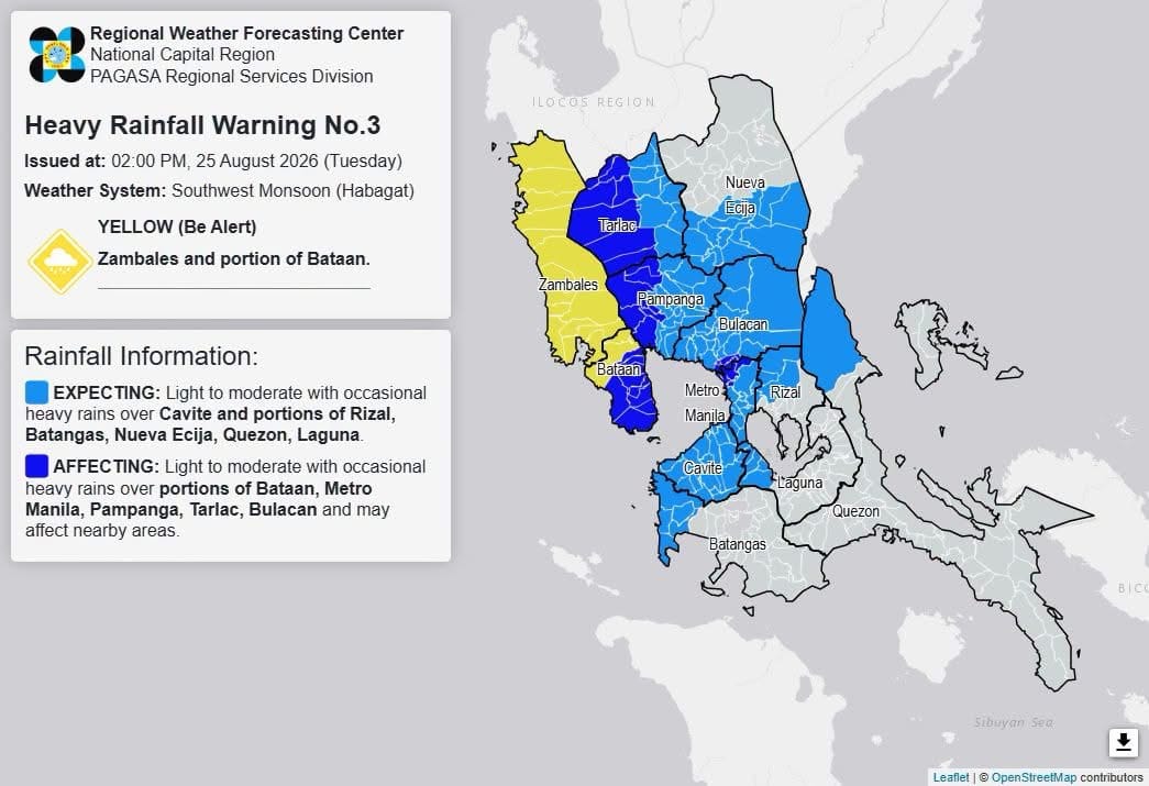 Heavy rainfall warning in Zambales, parts of Bataan Tuesday afternoon