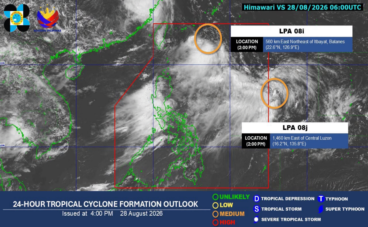 The state weather bureau is monitoring two low-pressure areas (LPAs) after another formed outside the Philippine area of responsibility (PAR) on Friday afternoon.