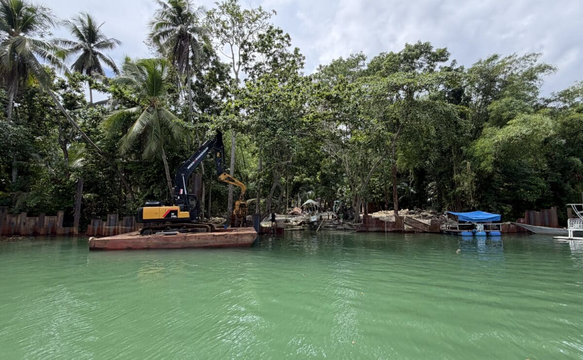 DISPUTED PROJECT Initial works are seen on the P3.5-billion flood control project along Loboc River in Bohol, as seen here in July. Construction was halted amid opposition from residents and tourism stakeholders but has recently resumed, reigniting concerns over its environmental impact.