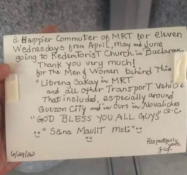 MRT-3 Libreng Sakay program ends, gets thank-you note from passenger