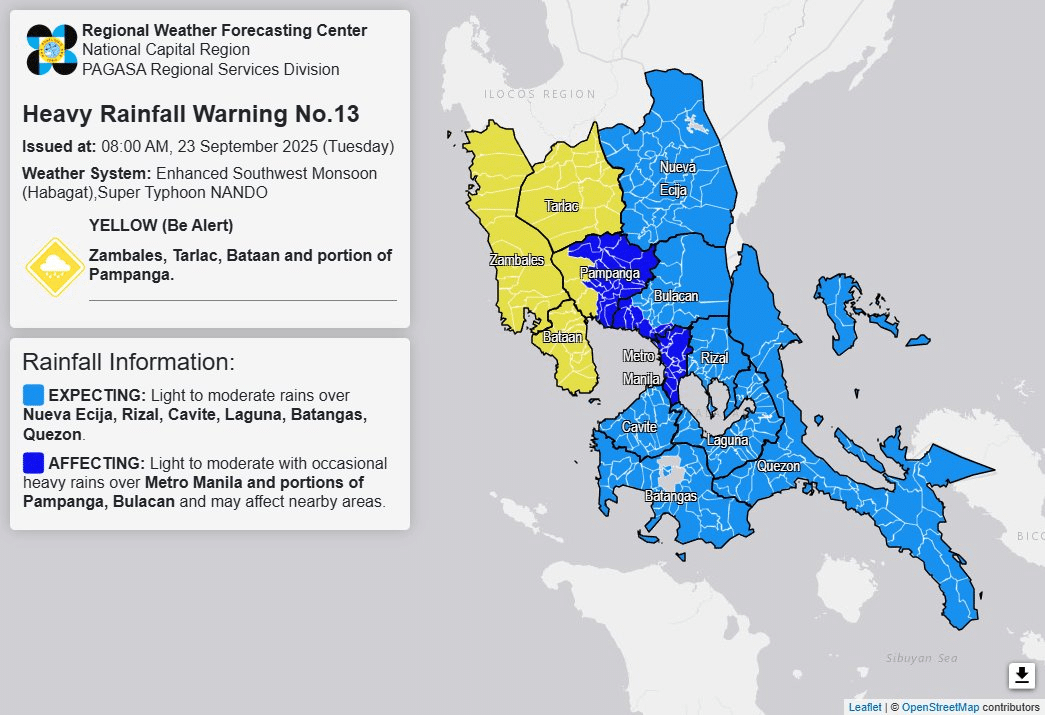 Yellow rainfall warning raised in Zambales, three Luzon areas