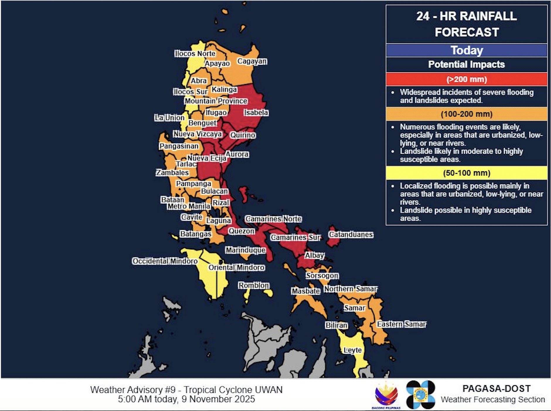 Pagasa: Red rainfall alert in almost entire eastern Luzon due to Uwan