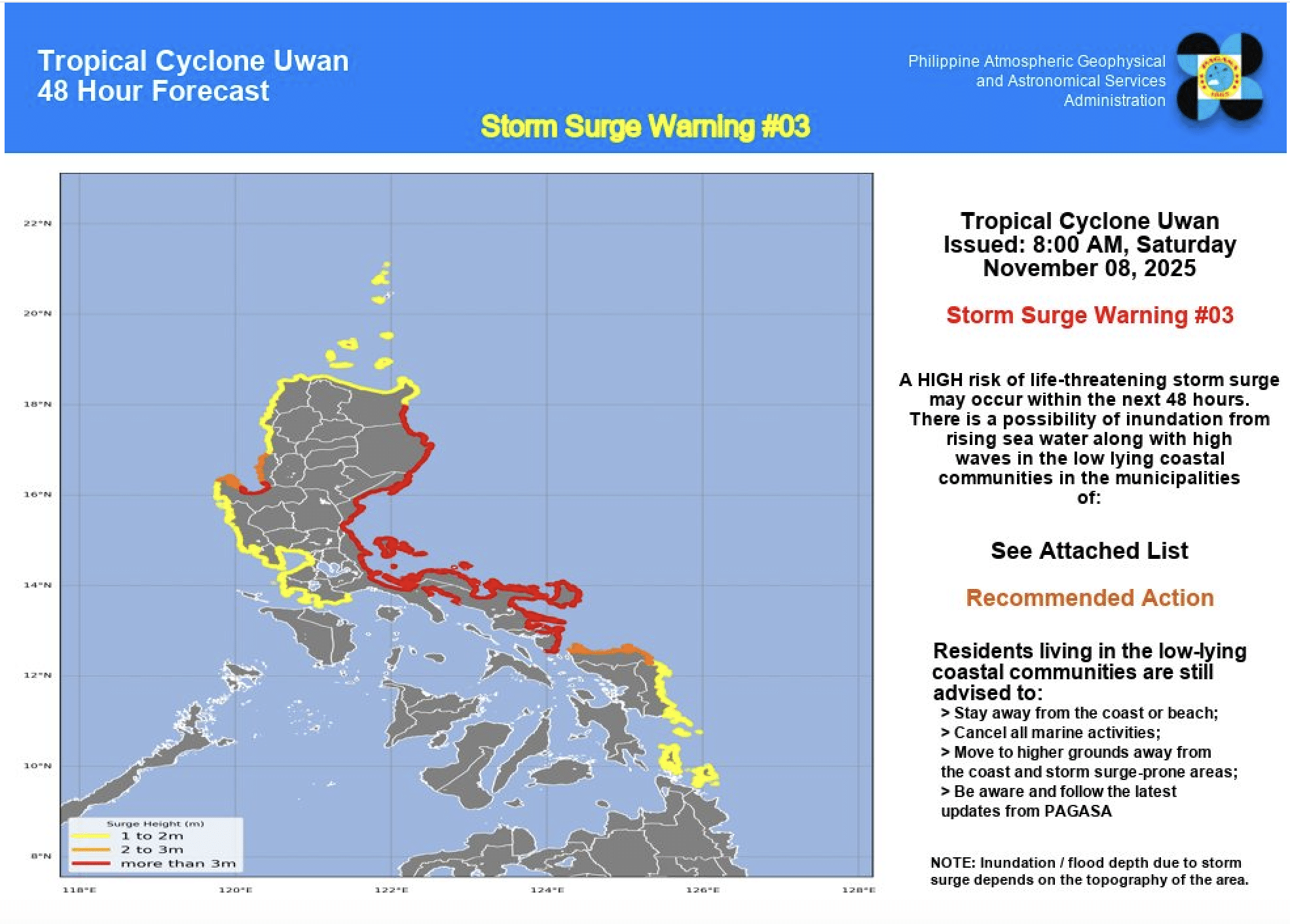 Pagasa warns of storm surge in several provinces due to Uwan