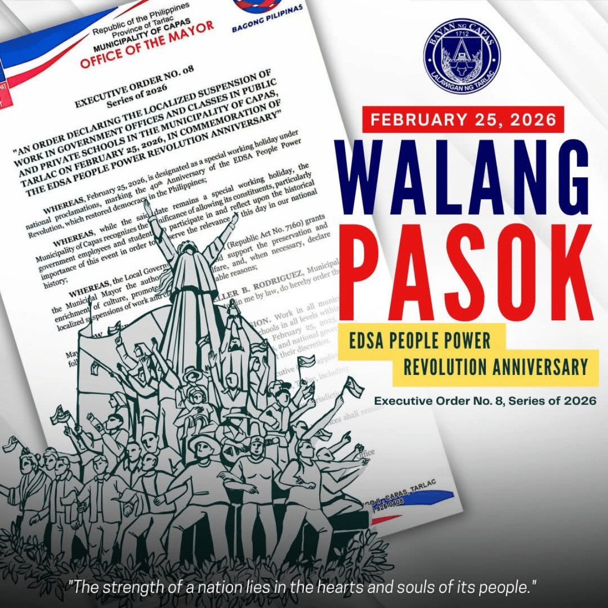 Capas LGU suspends work, classes on Feb. 25 for Edsa anniversary